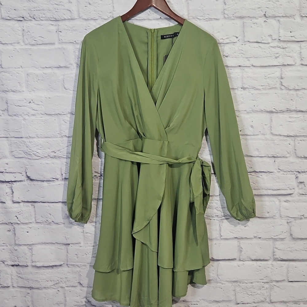 Sage green long sleeve tiered ruffle dress